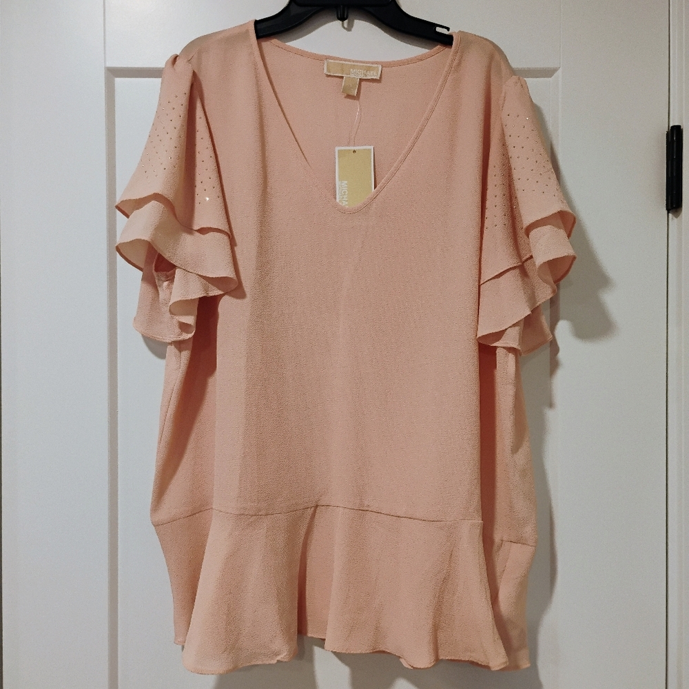 NWT XL Michael Kors Pink V-Neck Silver Rhinestone Ruffle Sleeve Peplum Top NEW